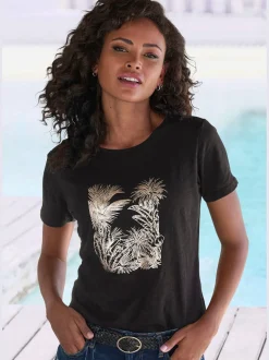 T-shirt imprimé feuille brillant, doré et estival