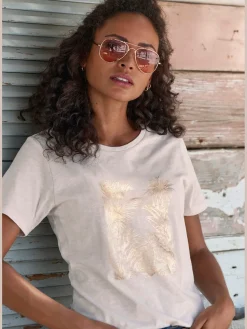 T-shirt imprimé feuille brillant, doré et estival
