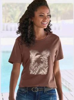 T-shirt imprimé feuille brillant, doré et estival