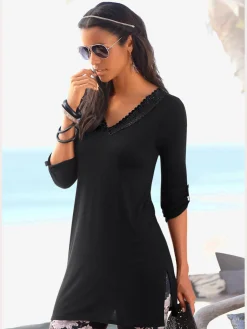 T-shirt long élégante bordure dentelle
