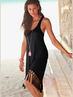 T-shirt long robe de plage décontractée avec franges nouées