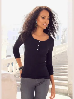 T-shirt manches longues courte patte de boutonnage devant avec boutons imitation nacre