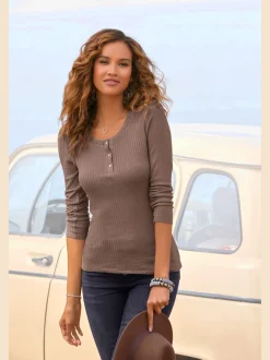 T-shirt manches longues courte patte de boutonnage devant avec boutons imitation nacre