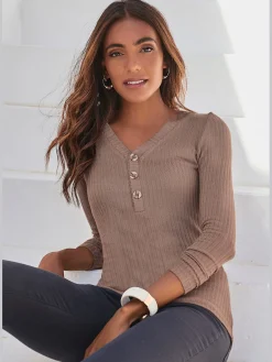 T-shirt manches longues petite patte de boutonnage avec boutons imitation corne