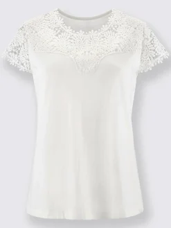T-shirt mélange coton-modal haut et mancherons en broderie anglaise