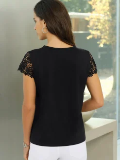 T-shirt mélange coton-modal haut et mancherons en broderie anglaise
