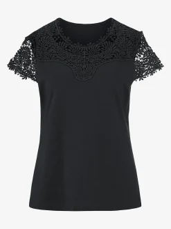 T-shirt mélange coton-modal haut et mancherons en broderie anglaise