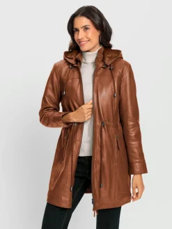 Veste en cuir capuche amovible avec empiècement imitation fourrure