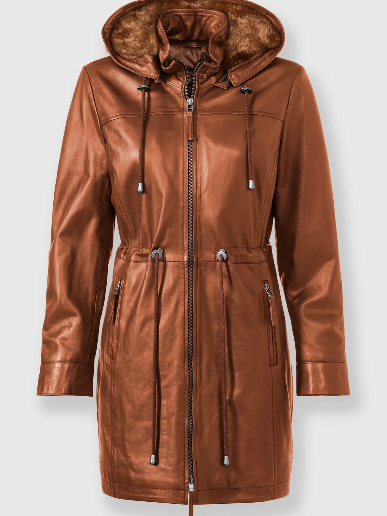 Veste en cuir capuche amovible avec empiècement imitation fourrure